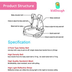 Diagram of a safety harness with labeled parts and specifications on a white background.