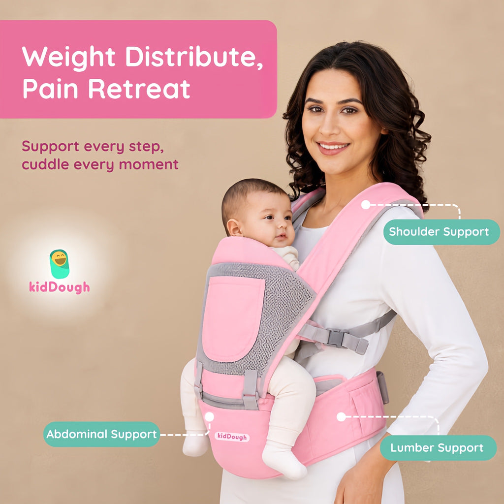 Kiddough Hip Seat Baby Carrier for 0 to 3 yrs with Adjustable Shoulder Straps | Breathable Mesh Fabric | Sling Baby Carrier with Storage Pockets | Adjustable New-Born to Toddler Carrier ( Pink)