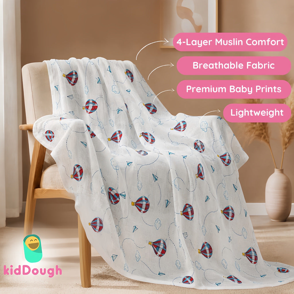 KidDough 100% Cotton Muslin Baby Blanket – Hot Air Balloon Print, 105 × 105 cm