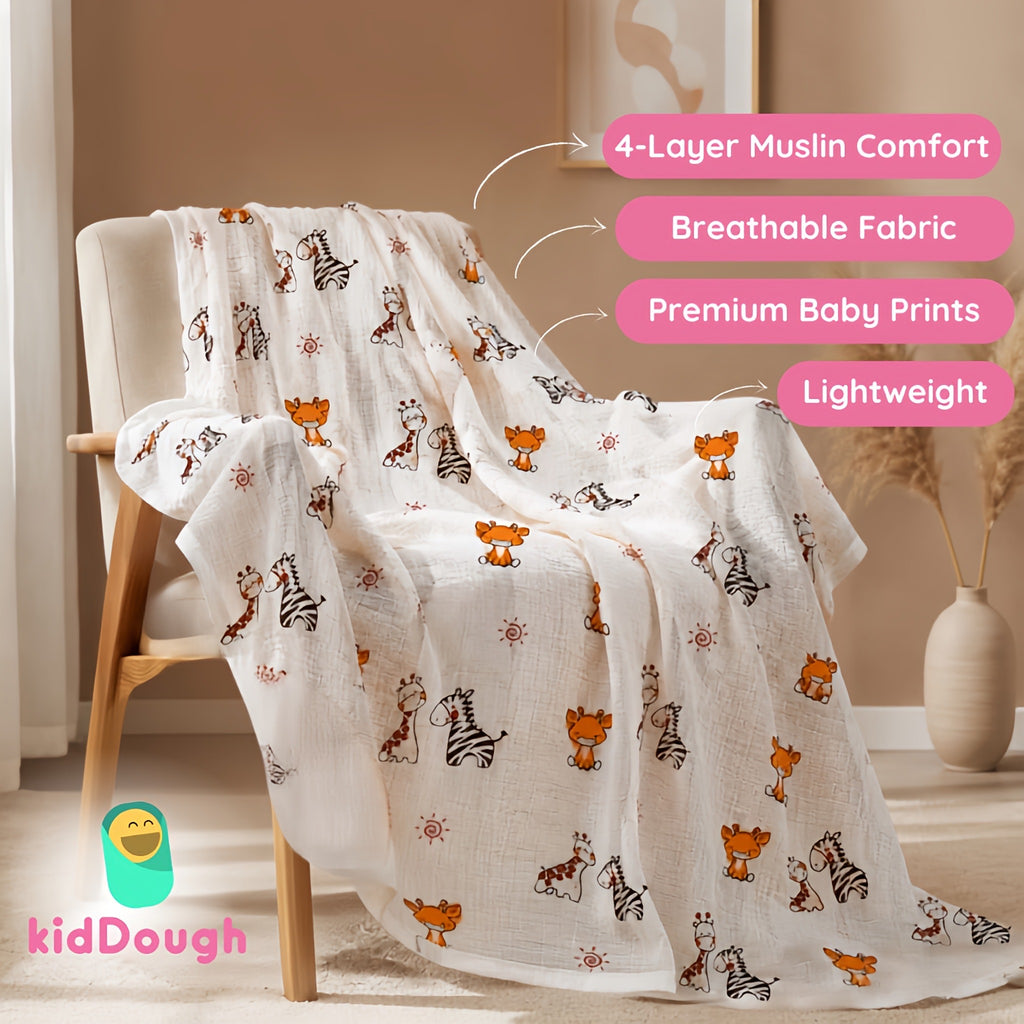 KidDough Ultra-Soft Muslin Baby Blanket for All-Seasons | Soft, Breathable, Lightweight Baby Quilt, Receiving Blanket, Bath Towel, Stroller Cover | 105x105cm for 0-2 Years (Giraffe)
