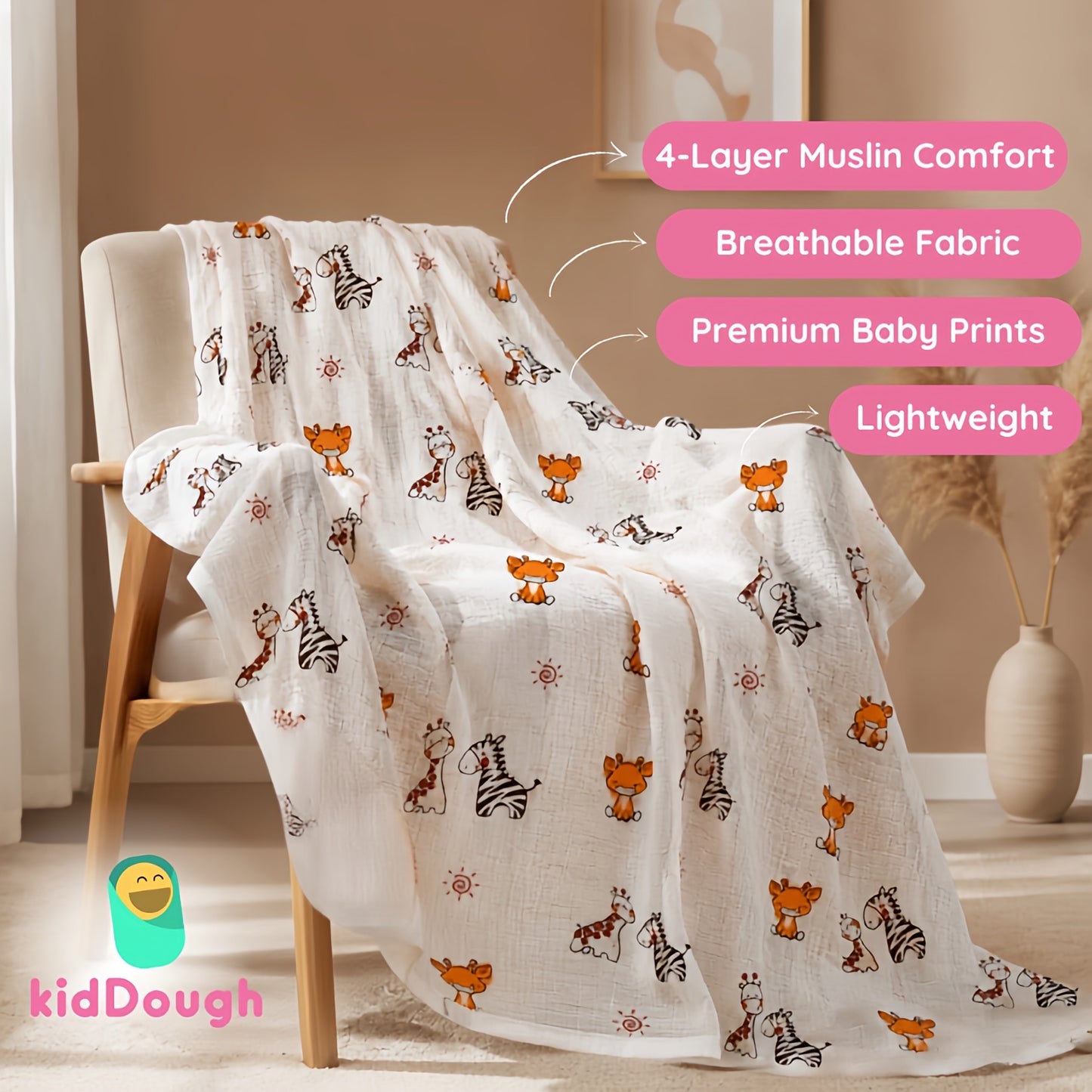 KidDough Ultra-Soft Muslin Baby Blanket for All-Seasons | Soft, Breathable, Lightweight Baby Quilt, Receiving Blanket, Bath Towel, Stroller Cover | 105x105cm for 0-2 Years (Giraffe)