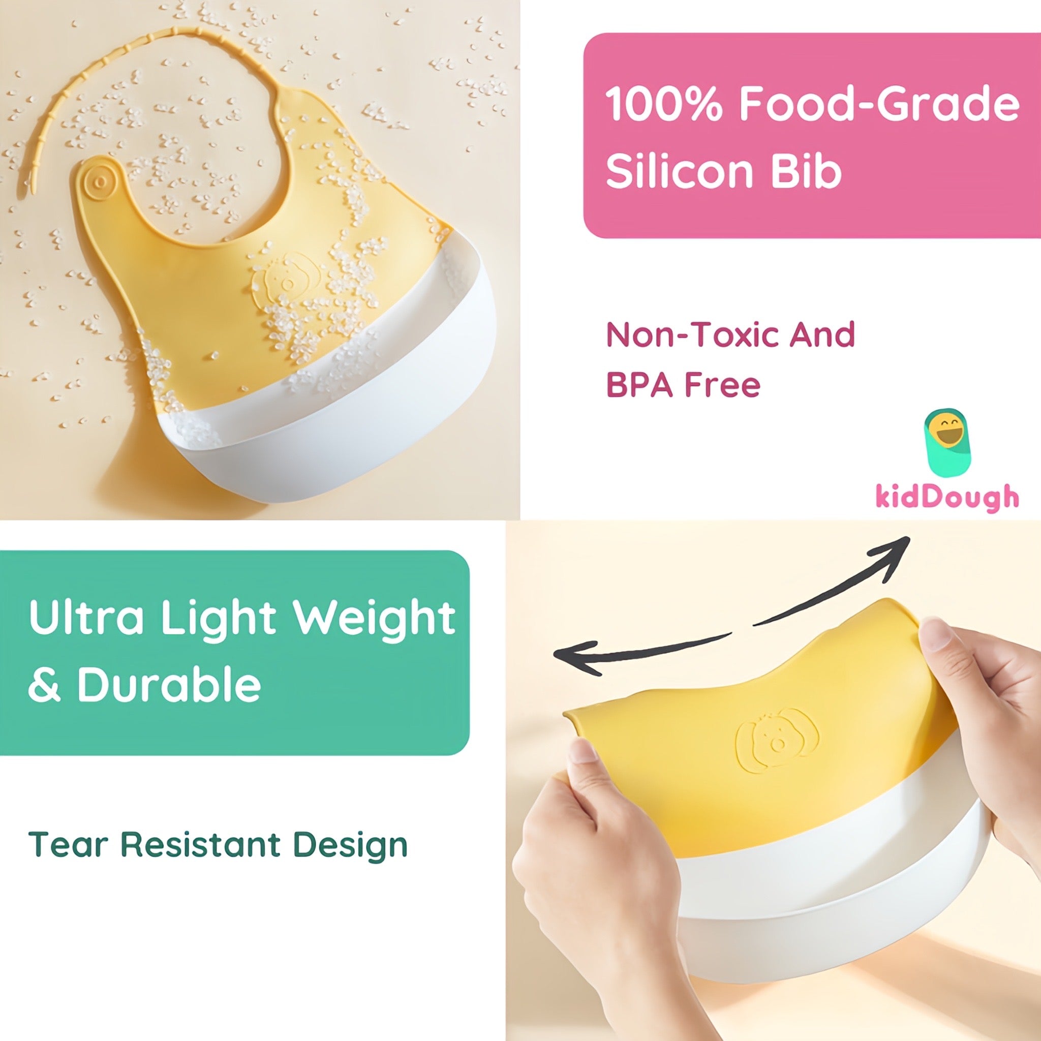 KidDough Silicone Baby Bib for Feeding & Weaning Babies & Toddlers | Waterproof, Washable & Reusable | Easy Cleaning, Lightweight, Adjustable Neckline with Buttons, Mess-Free Bib