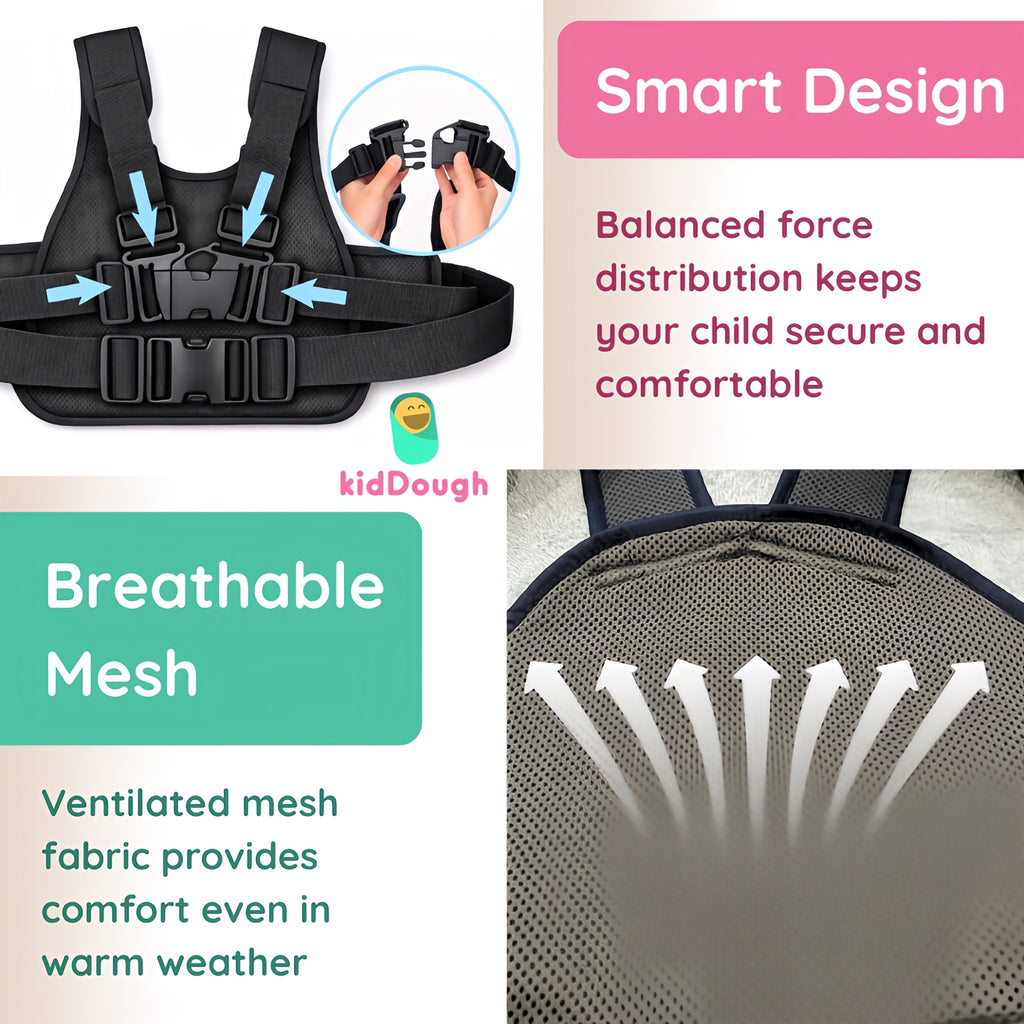 KidDough Baby Safety Belt for Two Wheeler Bike/Scooty | Harness Safety Belt for Kids Safety | Strong Buckles with Adjustable Straps and Double Stiching for Extra Safety (With Storage (Black))
