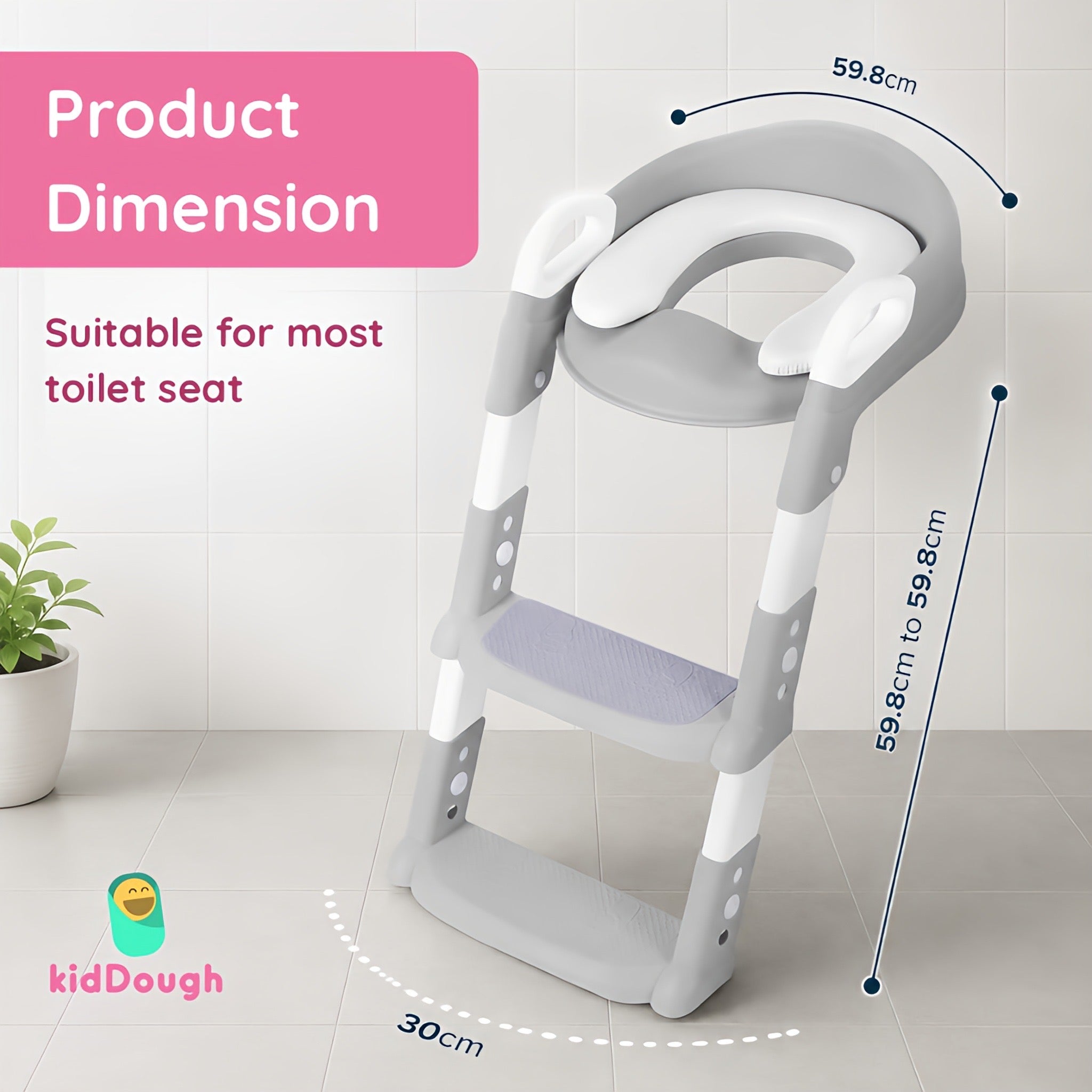KidDough Potty Training Seat with Ladder, Splash Guard, Handle and Cushion Seat, Polypropylene, Grey, Modern Style, for Kids (Potty Seat with Ladder, Grey)
