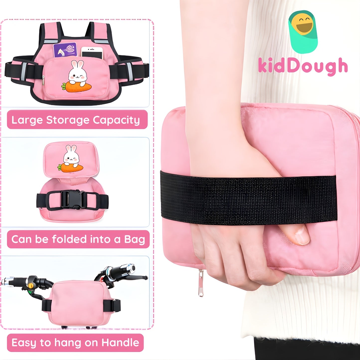 KidDough Baby Safety Belt for Two Wheeler Bike/Scooty | Harness Safety Belt for Kids Safety | Strong Buckles with Adjustable Straps and Double Stiching for Extra Safety (With Storage (Pink))
