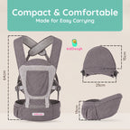 Kiddough Hip Seat Baby Carrier for 0 to 3 yrs with Adjustable Shoulder Straps | Breathable Mesh Fabric | Sling Baby Carrier with Storage Pockets | Adjustable New-Born to Toddler Carrier (Grey)