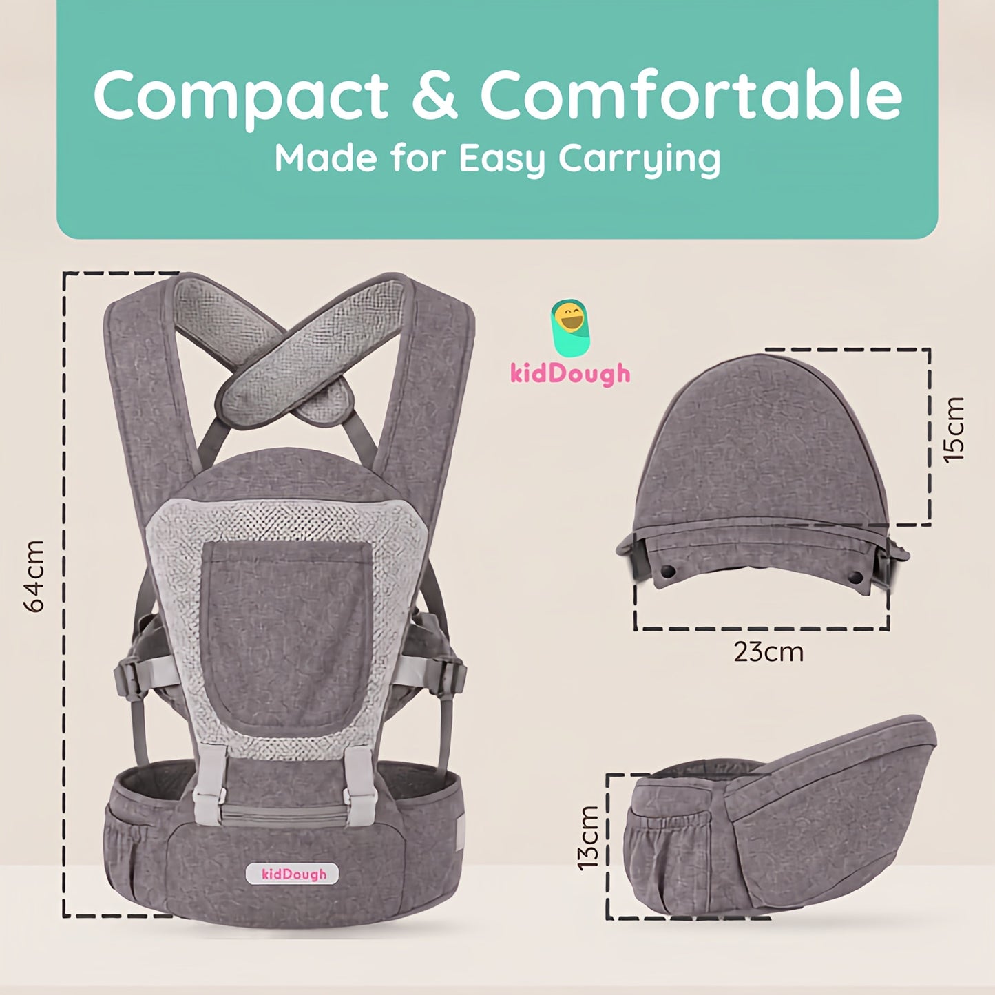 Kiddough Hip Seat Baby Carrier for 0 to 3 yrs with Adjustable Shoulder Straps | Breathable Mesh Fabric | Sling Baby Carrier with Storage Pockets | Adjustable New-Born to Toddler Carrier (Grey)