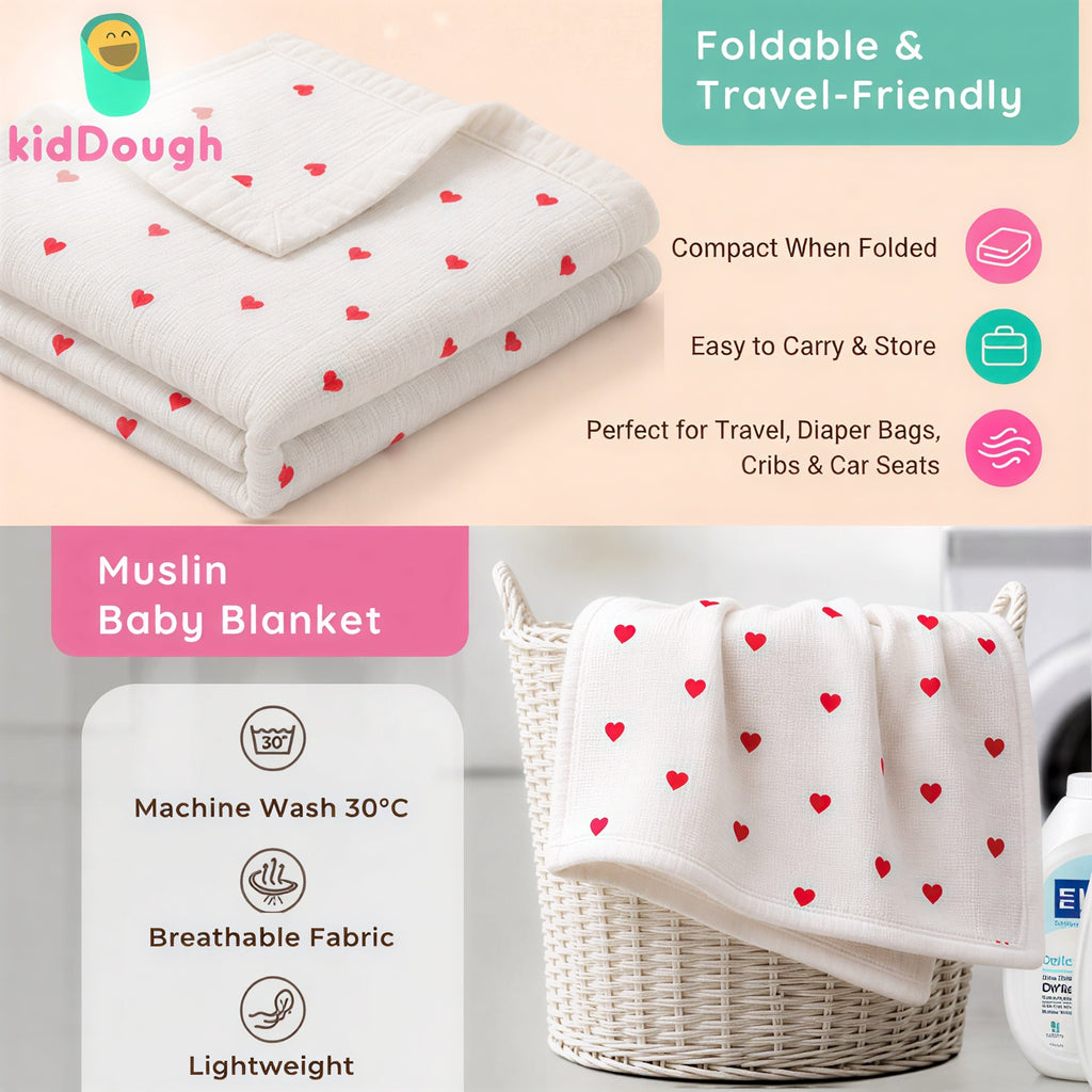 KidDough Ultra-Soft Muslin Baby Blanket for All Seasons – Soft, Breathable & Lightweight, Hearts Print, 105 × 105 cm, 0–2 Years