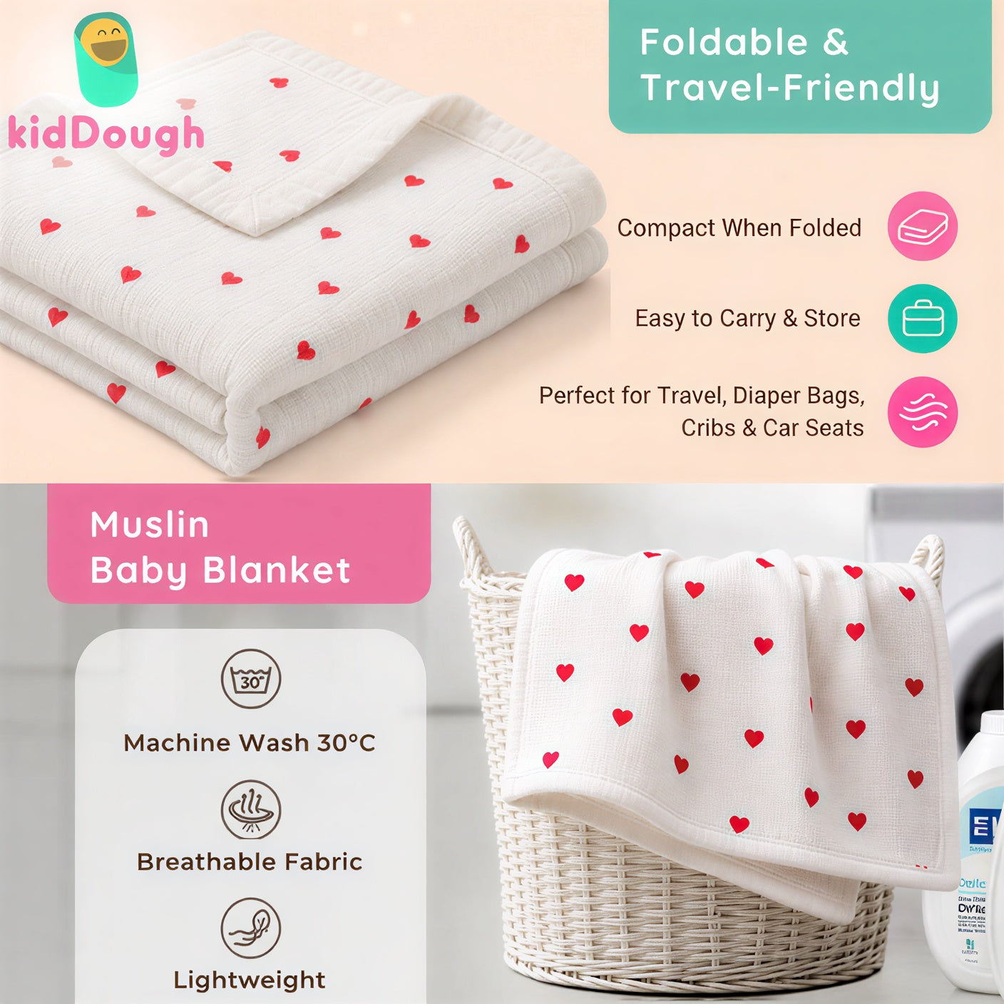 KidDough Ultra-Soft Muslin Baby Blanket for All Seasons – Soft, Breathable & Lightweight, Hearts Print, 105 × 105 cm, 0–2 Years