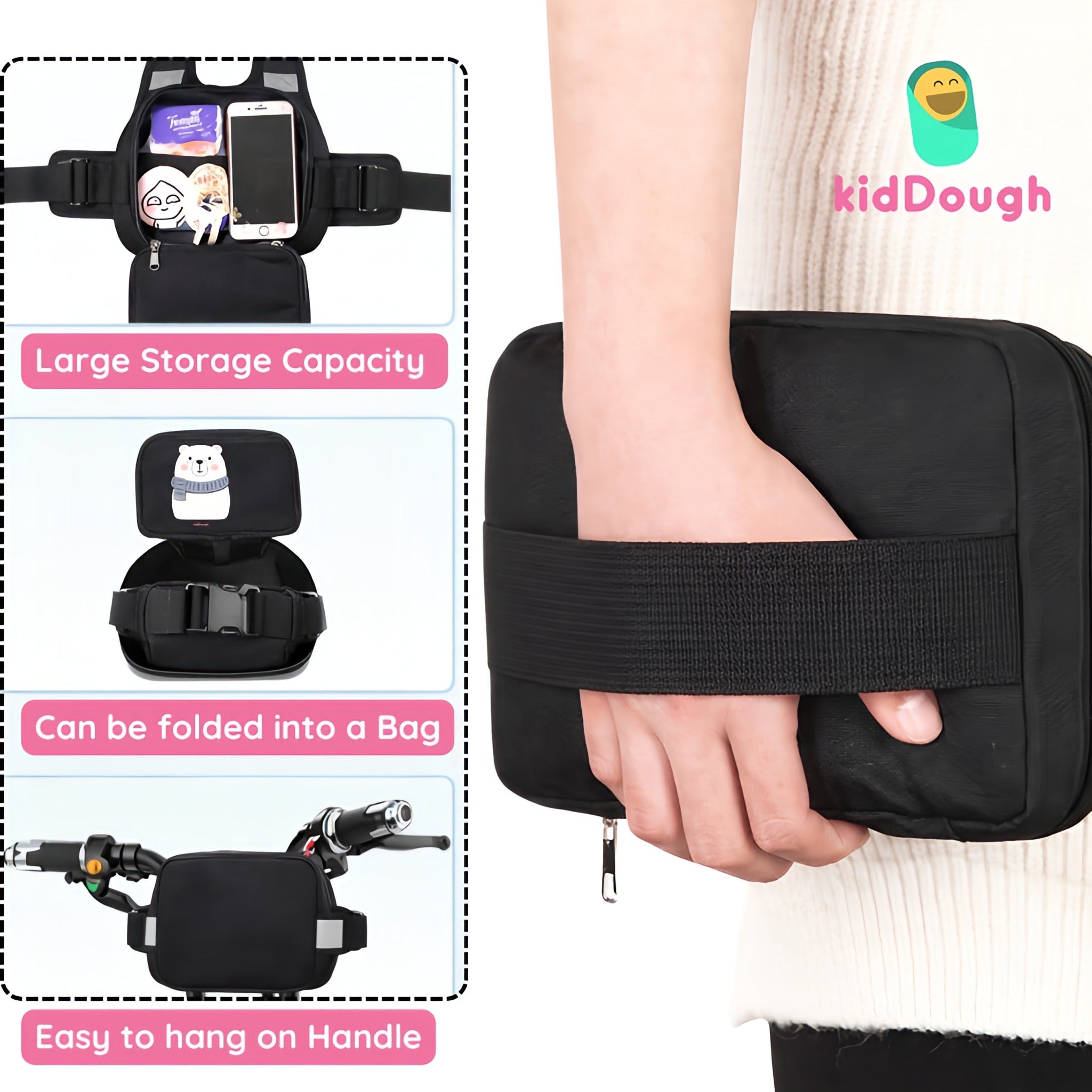 KidDough Baby Safety Belt for Two Wheeler Bike/Scooty | Harness Safety Belt for Kids Safety | Strong Buckles with Adjustable Straps and Double Stiching for Extra Safety (With Storage (Black))