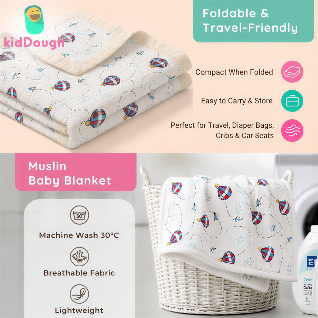 KidDough 100% Cotton Muslin Baby Blanket – Parashoot Print, 105 × 105 cm