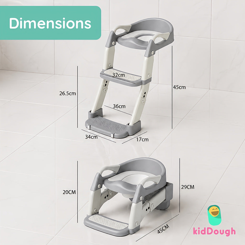 KidDough Potty Training Seat with Ladder, Splash Guard, Handle and Cushion Seat, Polypropylene, Grey, Modern Style, for Kids (Potty Seat 3in 1, Grey)