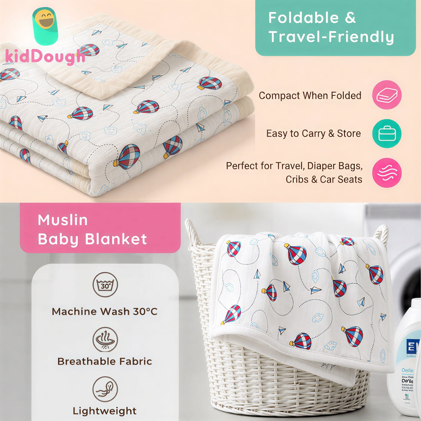 KidDough 100% Cotton Muslin Baby Blanket – Hot Air Balloon Print, 105 × 105 cm