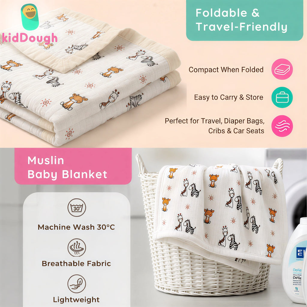 KidDough Ultra-Soft Muslin Baby Blanket for All-Seasons | Soft, Breathable, Lightweight Baby Quilt, Receiving Blanket, Bath Towel, Stroller Cover | 105x105cm for 0-2 Years (Giraffe)