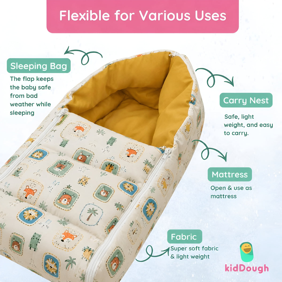 Kiddough Sleeping Bag for Infant | Soft Breathable 100% Cotton Baby Carrier for New Born/Foldable & Washable Unisex Baby Sleeping Bag (Off-White) 0 Months- 12 Months
