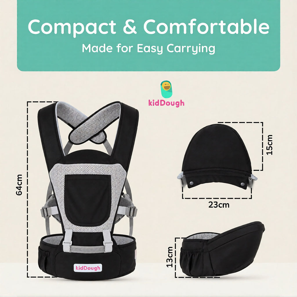 Kiddough Hip Seat Baby Carrier for 0 to 3 yrs with Adjustable Shoulder Straps | Breathable Mesh Fabric | Sling Baby Carrier with Storage Pockets | Adjustable New-Born to Toddler Carrier (Black)