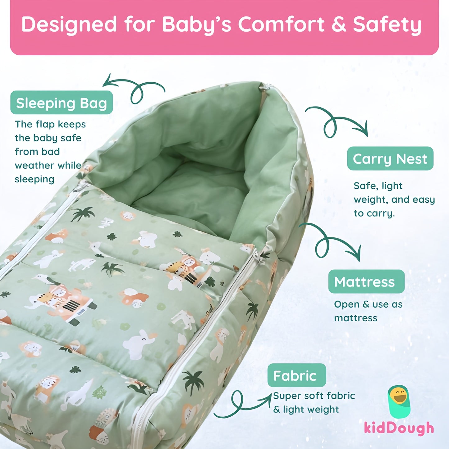 Kiddough Sleeping Bag for Infant | Soft Breathable 100% Cotton Baby Carrier for New Born/Foldable & Washable Unisex Baby Sleeping Bag 0 Months- 12 Months