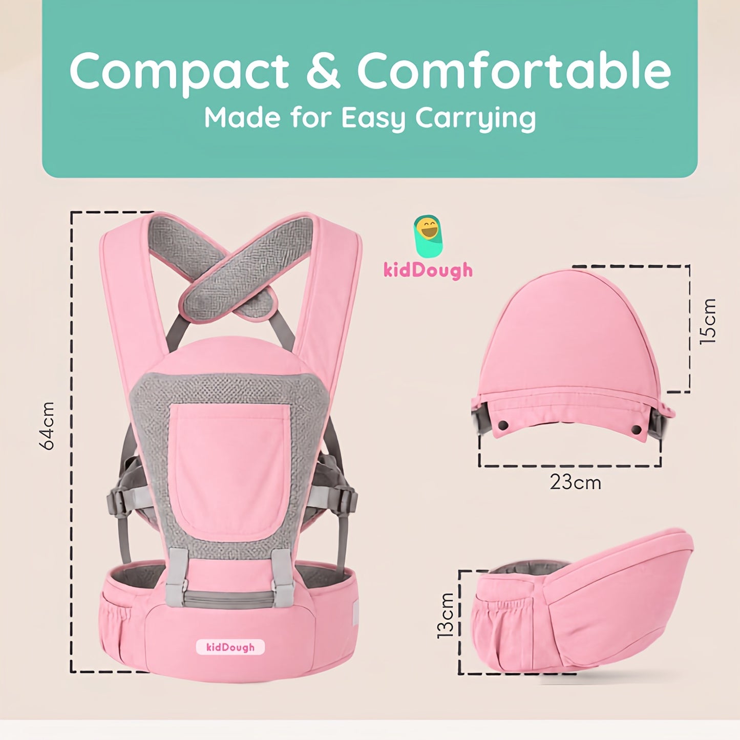 Kiddough Hip Seat Baby Carrier for 0 to 3 yrs with Adjustable Shoulder Straps | Breathable Mesh Fabric | Sling Baby Carrier with Storage Pockets | Adjustable New-Born to Toddler Carrier ( Pink)
