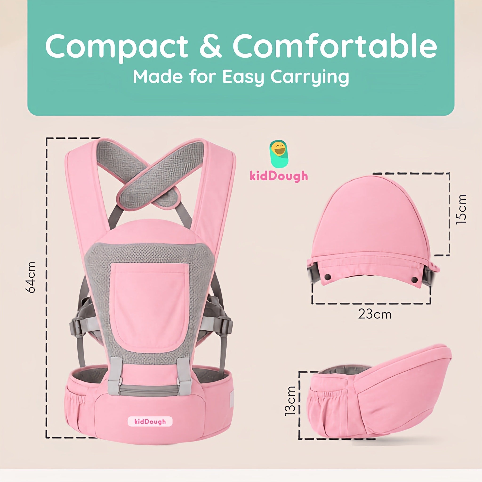 Kiddough Hip Seat Baby Carrier for 0 to 3 yrs with Adjustable Shoulder Straps | Breathable Mesh Fabric | Sling Baby Carrier with Storage Pockets | Adjustable New-Born to Toddler Carrier ( Pink)