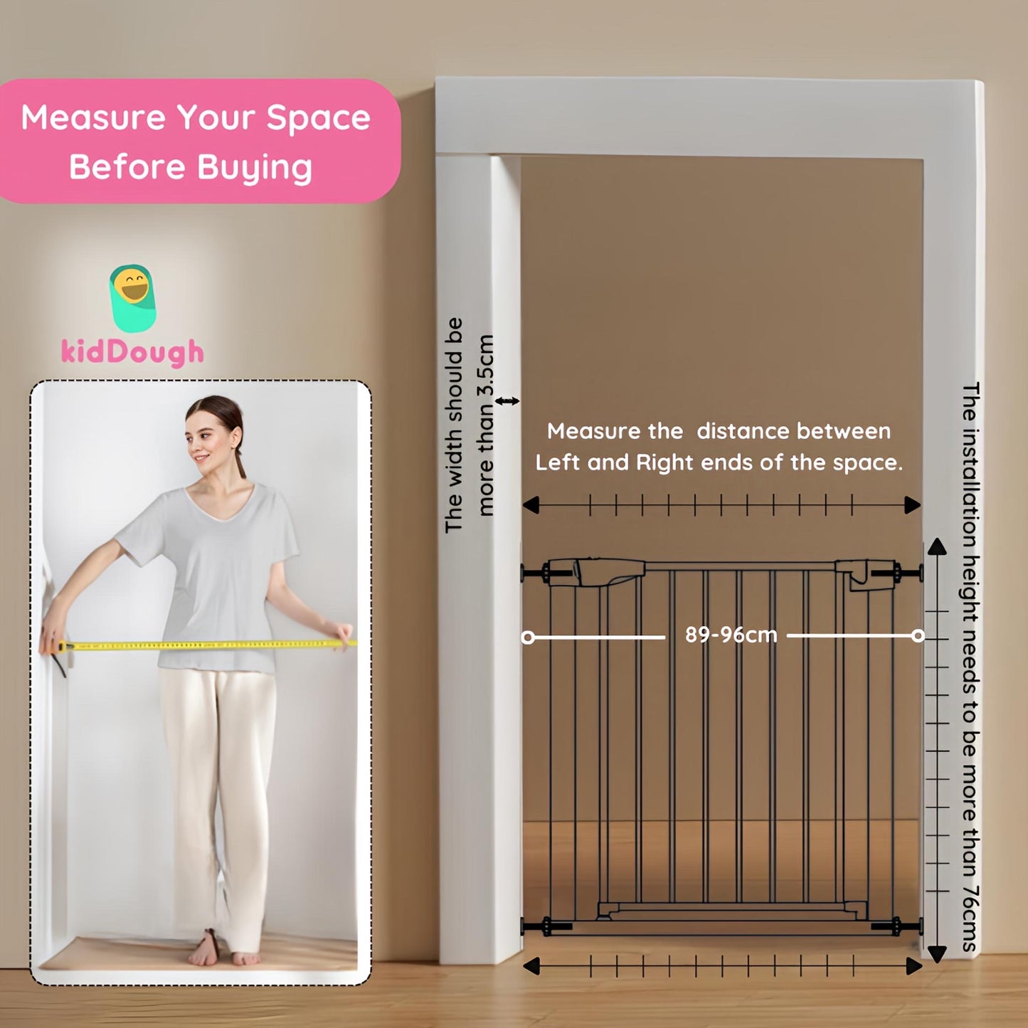Kiddough Baby Safety Gate - (89-96cms Adjustable Width Coverage)