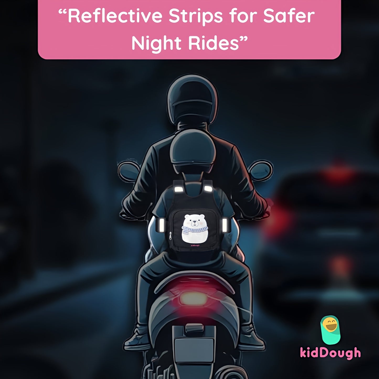 KidDough Baby Safety Belt for Two Wheeler Bike/Scooty | Harness Safety Belt for Kids Safety | Strong Buckles with Adjustable Straps and Double Stiching for Extra Safety (With Storage (Black))