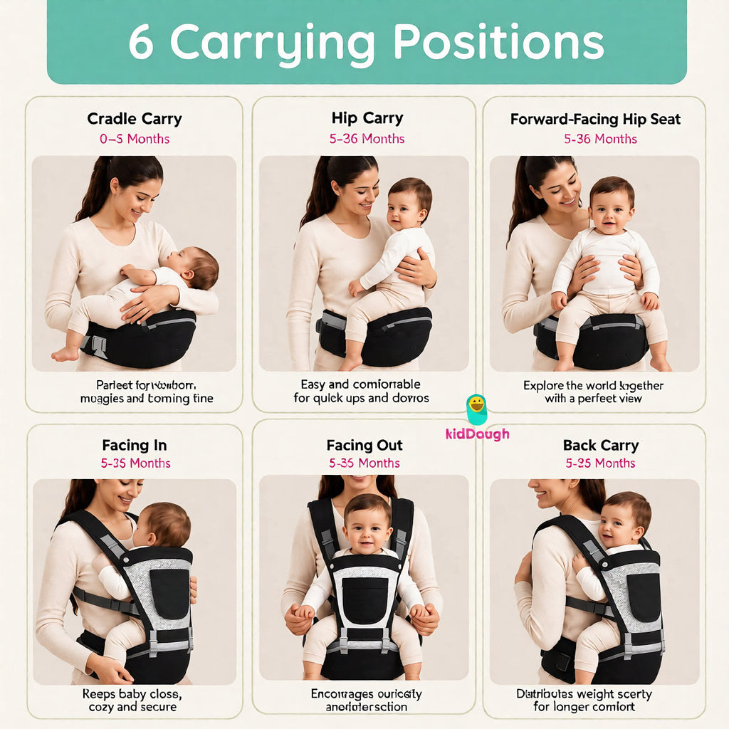 Kiddough Hip Seat Baby Carrier for 0 to 3 yrs with Adjustable Shoulder Straps | Breathable Mesh Fabric | Sling Baby Carrier with Storage Pockets | Adjustable New-Born to Toddler Carrier (Black)