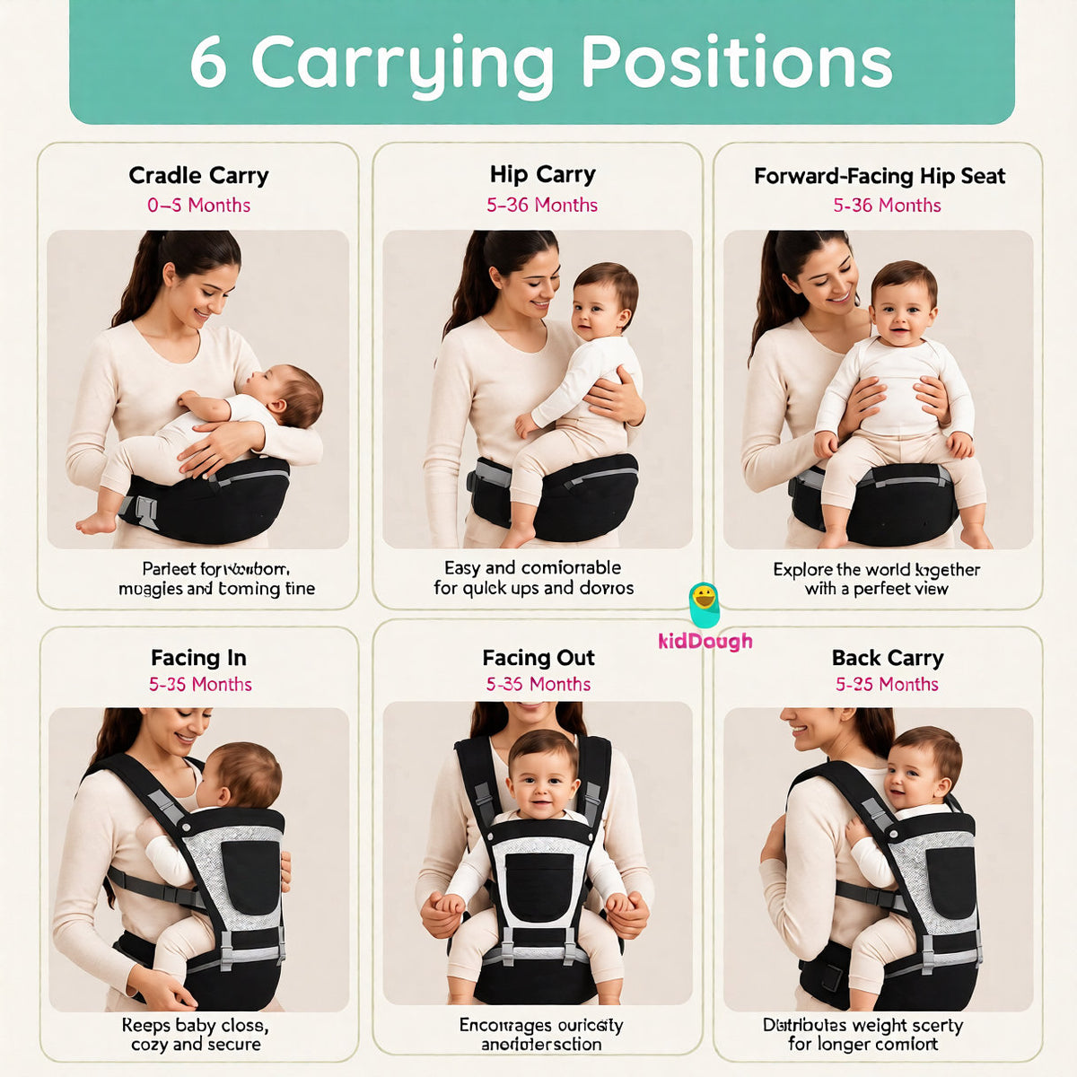 Kiddough Hip Seat Baby Carrier for 0 to 3 yrs with Adjustable Shoulder Straps | Breathable Mesh Fabric | Sling Baby Carrier with Storage Pockets | Adjustable New-Born to Toddler Carrier (Black)
