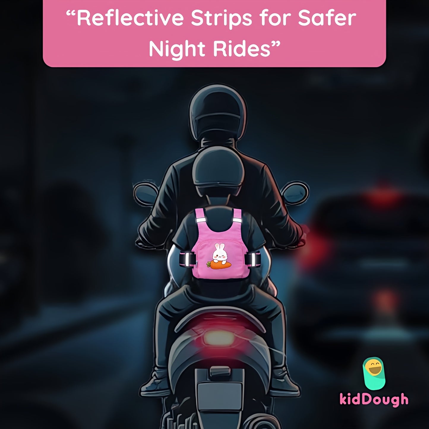 KidDough Baby Safety Belt for Two Wheeler Bike/Scooty | Harness Safety Belt for Kids Safety | Strong Buckles with Adjustable Straps and Double Stiching for Extra Safety (With Storage (Pink))