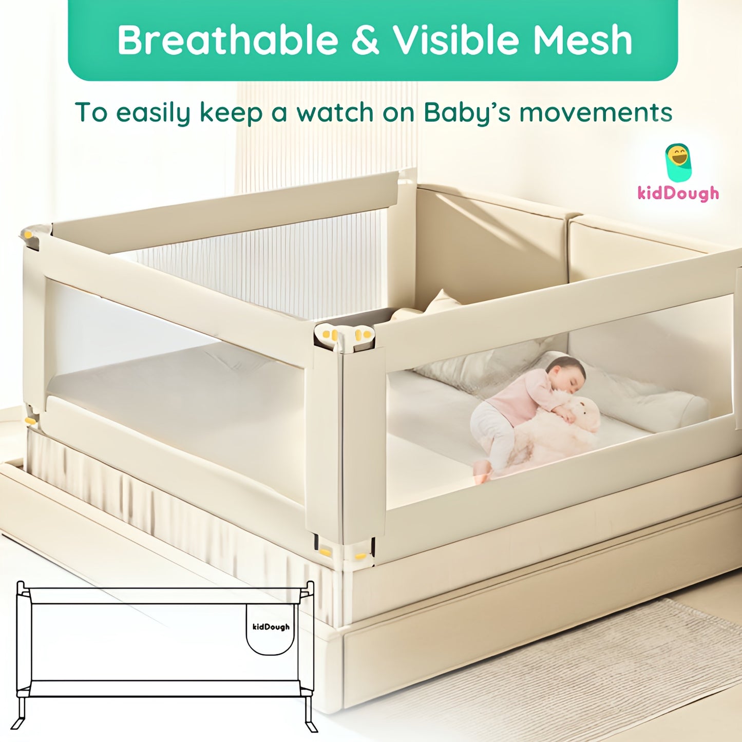 Kiddough Bed Railing for Baby Safety (6.5ft*6ft, Two Side, Off-White)