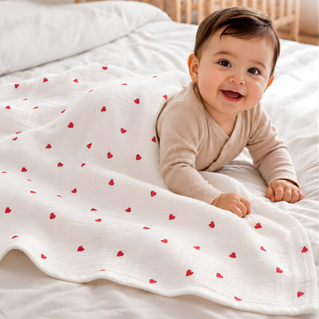 KidDough Ultra-Soft Muslin Baby Blanket for All Seasons – Soft, Breathable & Lightweight, Hearts Print, 105 × 105 cm, 0–2 Years