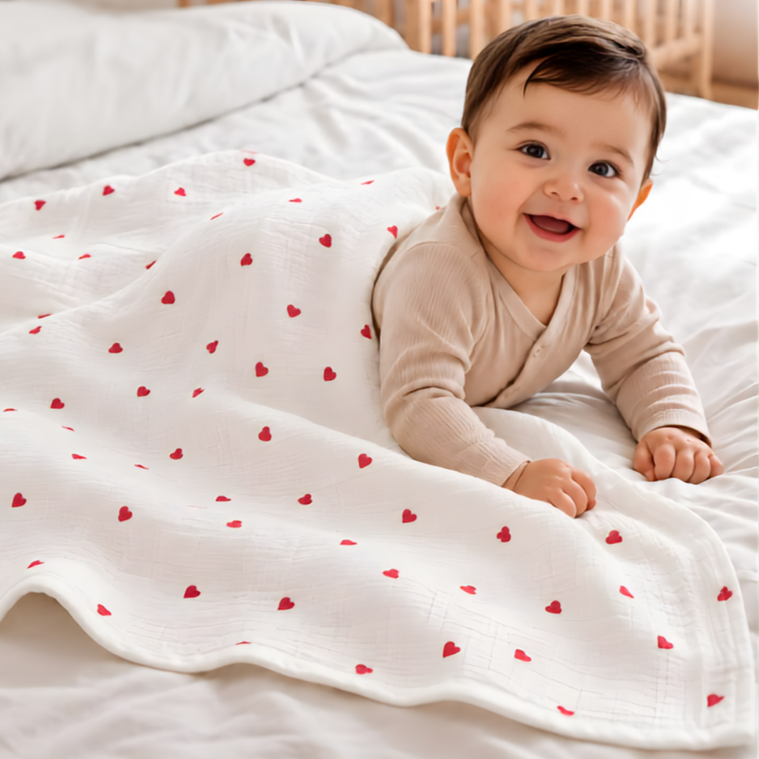 KidDough Ultra-Soft Muslin Baby Blanket for All Seasons – Soft, Breathable & Lightweight, Hearts Print, 105 × 105 cm, 0–2 Years