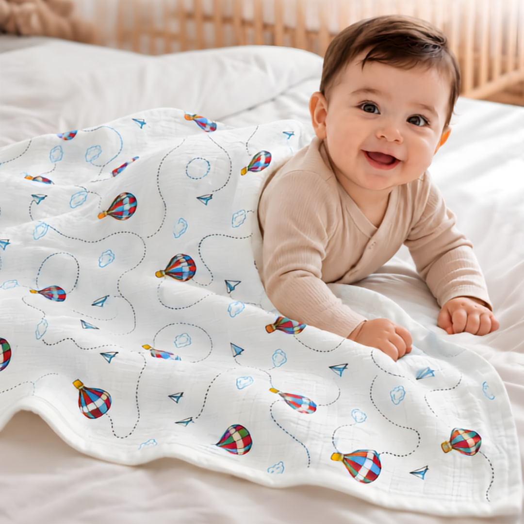 KidDough 100% Cotton Muslin Baby Blanket – Parashoot Print, 105 × 105 cm