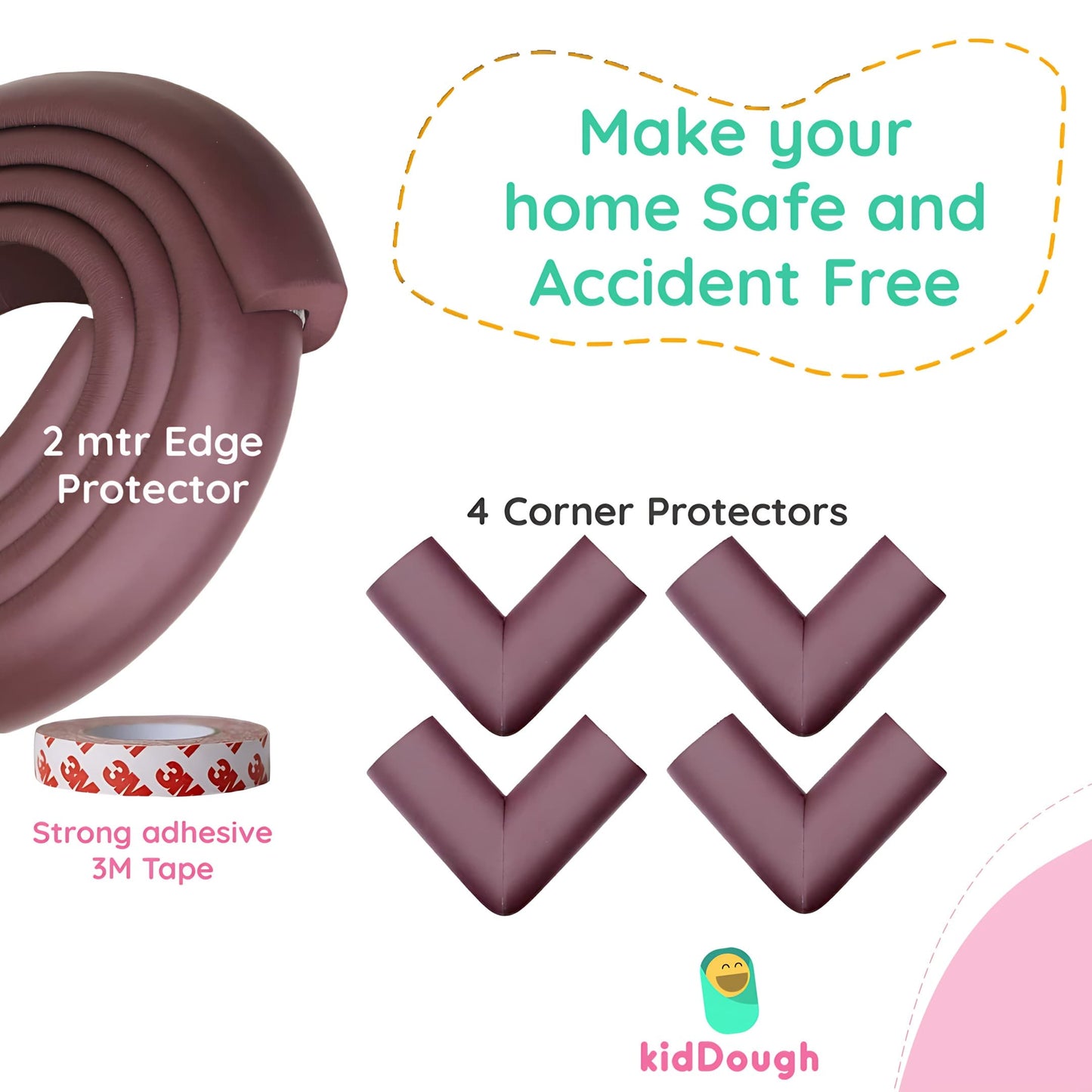 Kiddough Baby Proofing Safety Strip And Corner Guard (2 Mtrs Roll + 4 Guards, Brown)