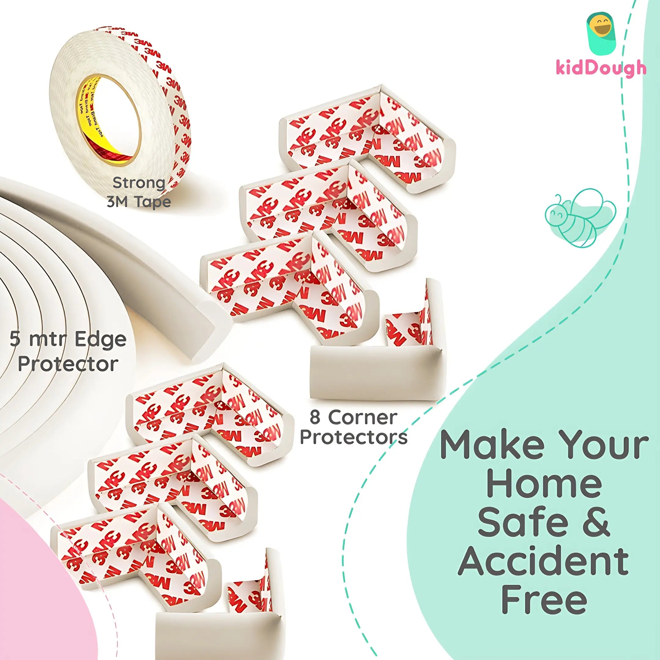 Kiddough Baby Proofing Safety Strip And Corner Guard (2 Mtrs Roll + 4 Guards, White)