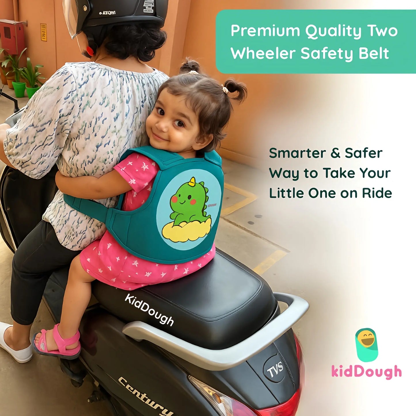Kiddough Baby Safety Belt for Kids | Two Wheeler Bike/Scooty Belt for Kids Safety, Child Harness Safety Belt with Adjustable Baby Carrier for Toddlers & Baby (Cartoon Green)