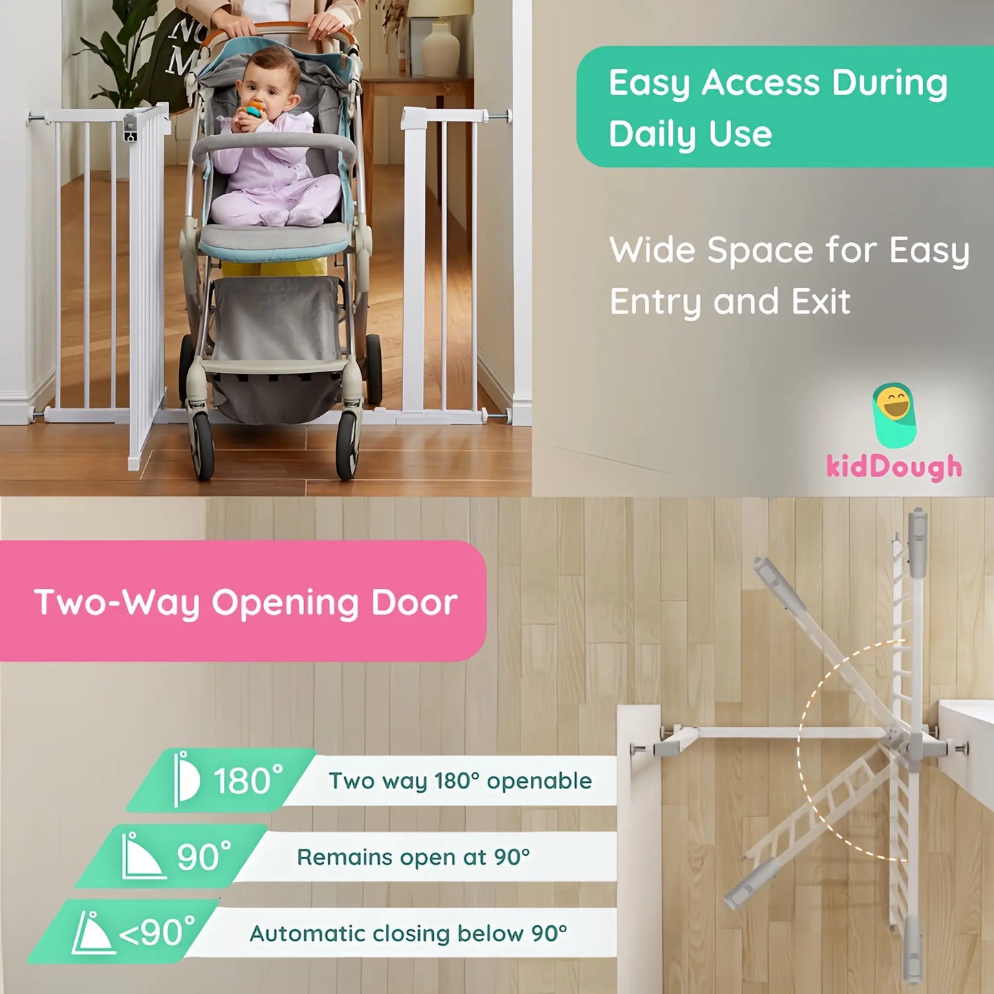 Kiddough Baby Safety Gate - (117-124cms Adjustable Width Coverage)