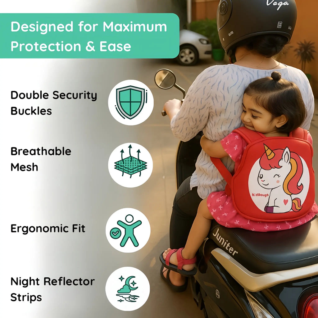Kiddough Baby Safety Belt for Kids | Two Wheeler Bike/Scooty Belt for Kids Safety, Child Harness Safety Belt with Adjustable Baby Carrier for Toddlers & Baby (Cartoon Red)