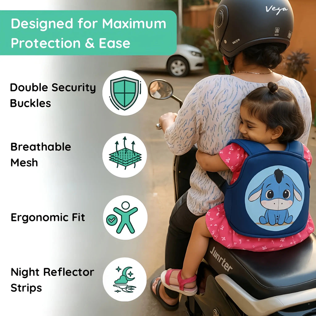 Kiddough Baby Safety Belt for Kids | Two Wheeler Bike/Scooty Belt for Kids Safety, Child Harness Safety Belt with Adjustable Baby Carrier for Toddlers & Baby (Cartoon Blue)
