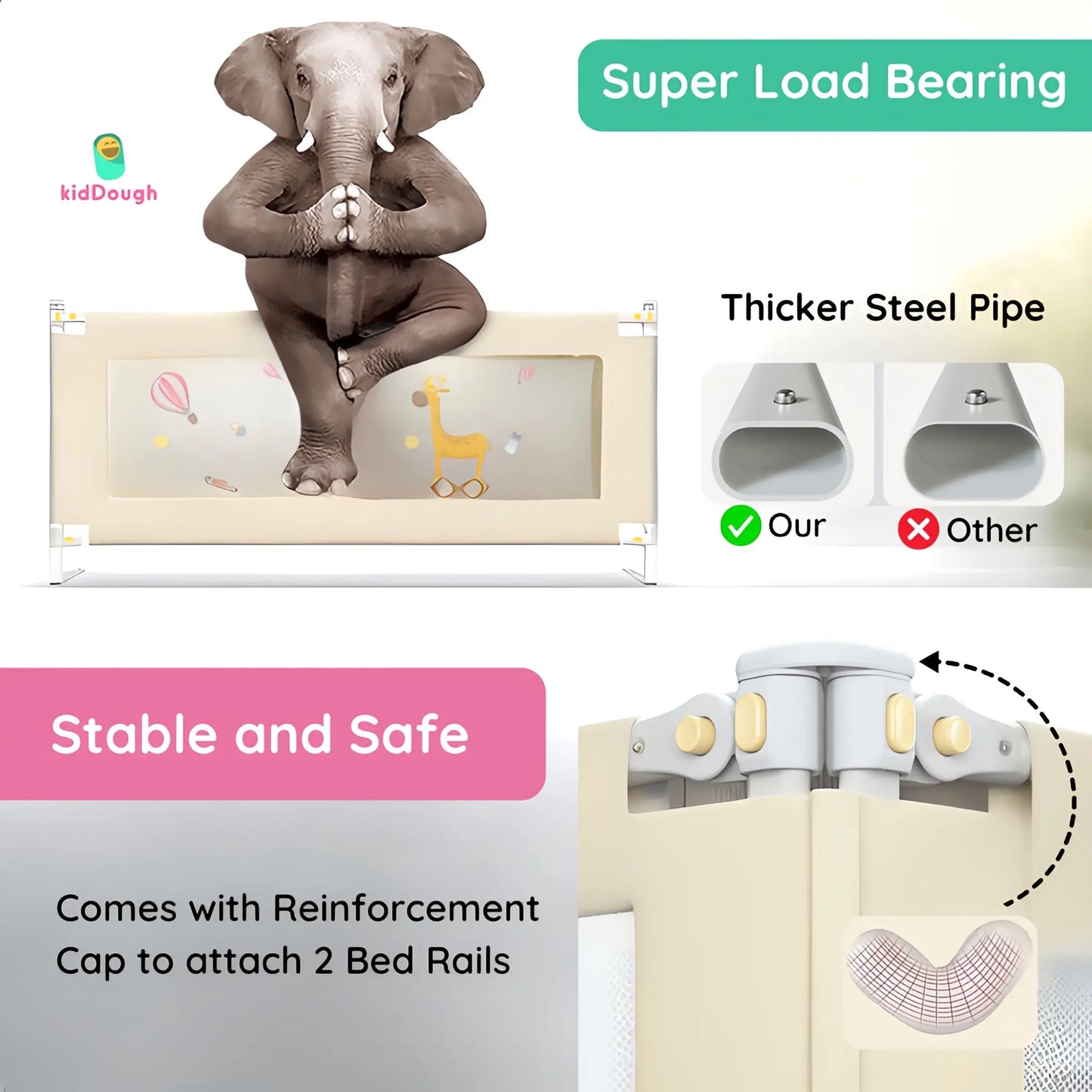 Kiddough Bed Railing for Baby Safety (6.5ft*6ft, Two Side, Grey)