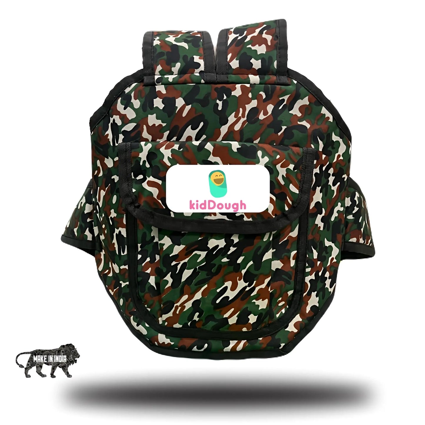 Camouflage-patterned backpack with 'kidDough' logo on a white background