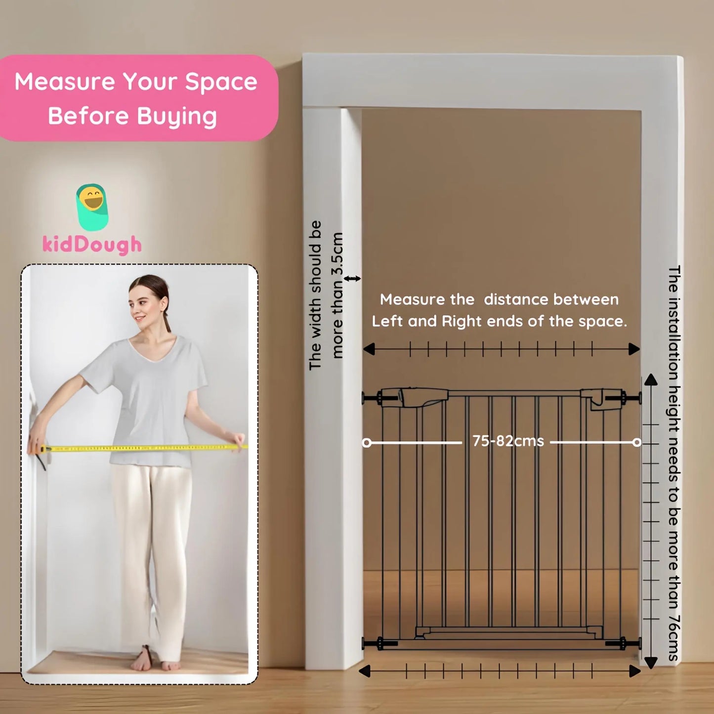 Kiddough Baby Safety Gate - (75-82cms Adjustable Width Coverage)