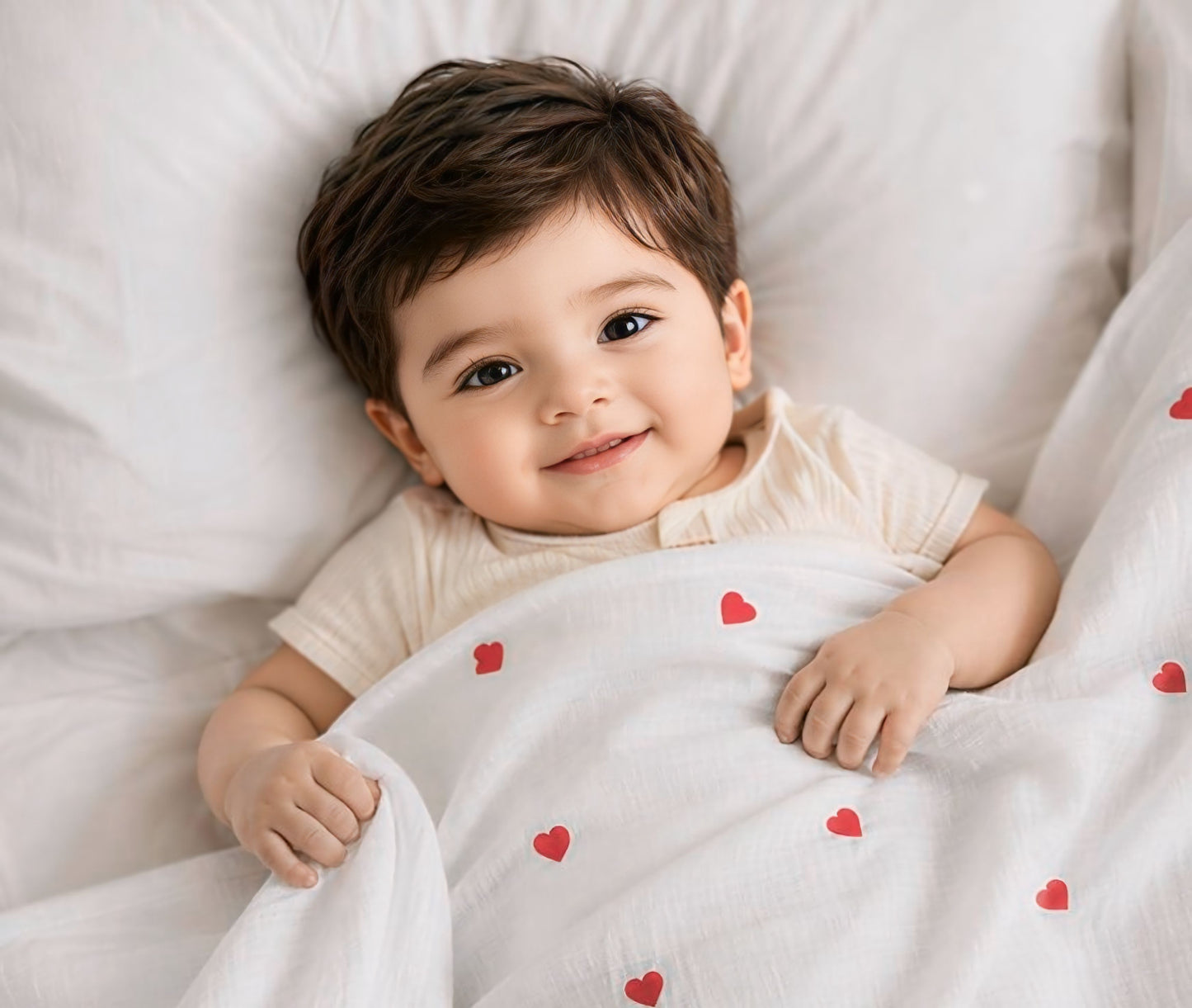 KidDough Ultra-Soft Muslin Baby Blanket for All Seasons – Soft, Breathable & Lightweight, Hearts Print, 105 × 105 cm, 0–2 Years