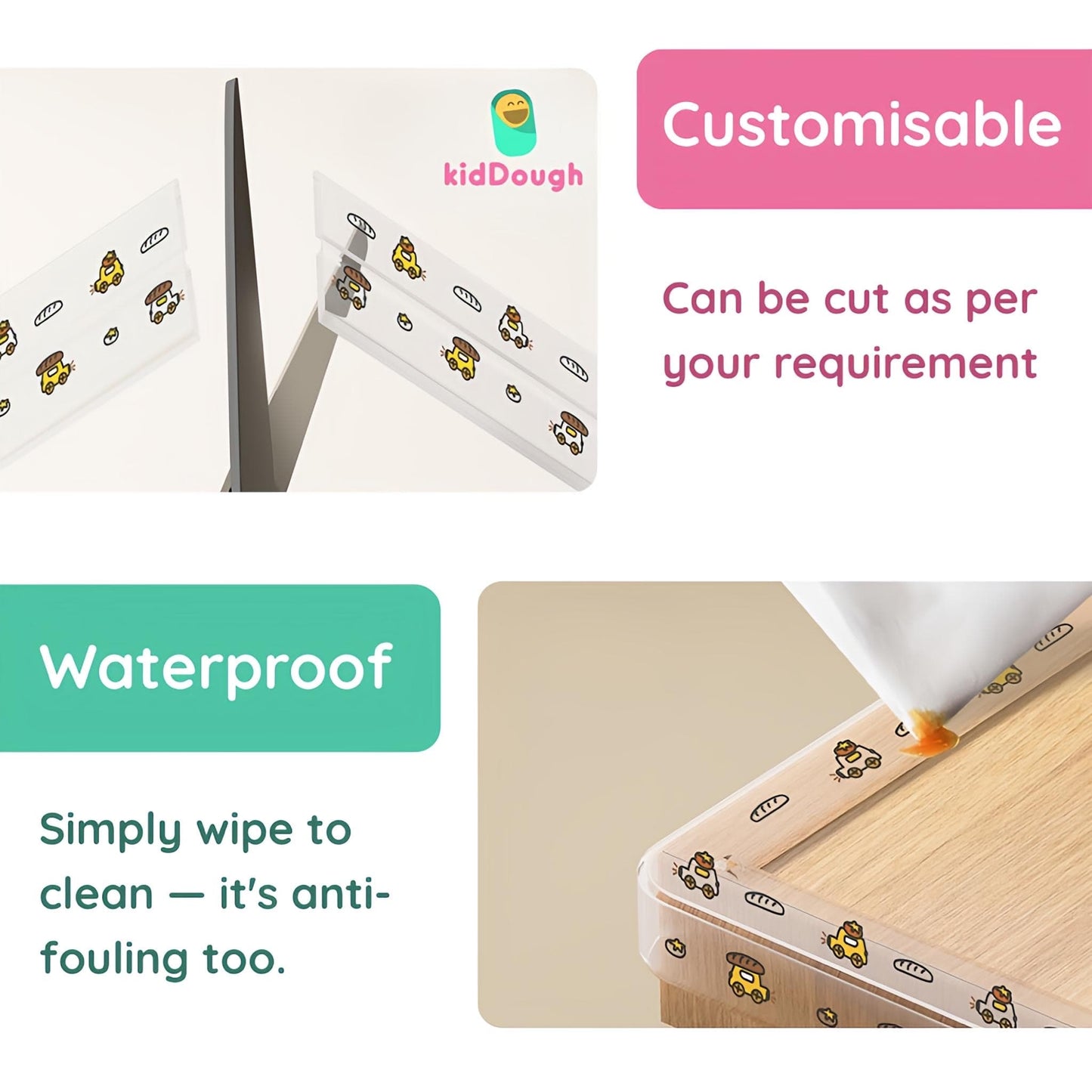 KidDough Baby Proofing Edge Protector, Transparent with Car Print, 2 Metres