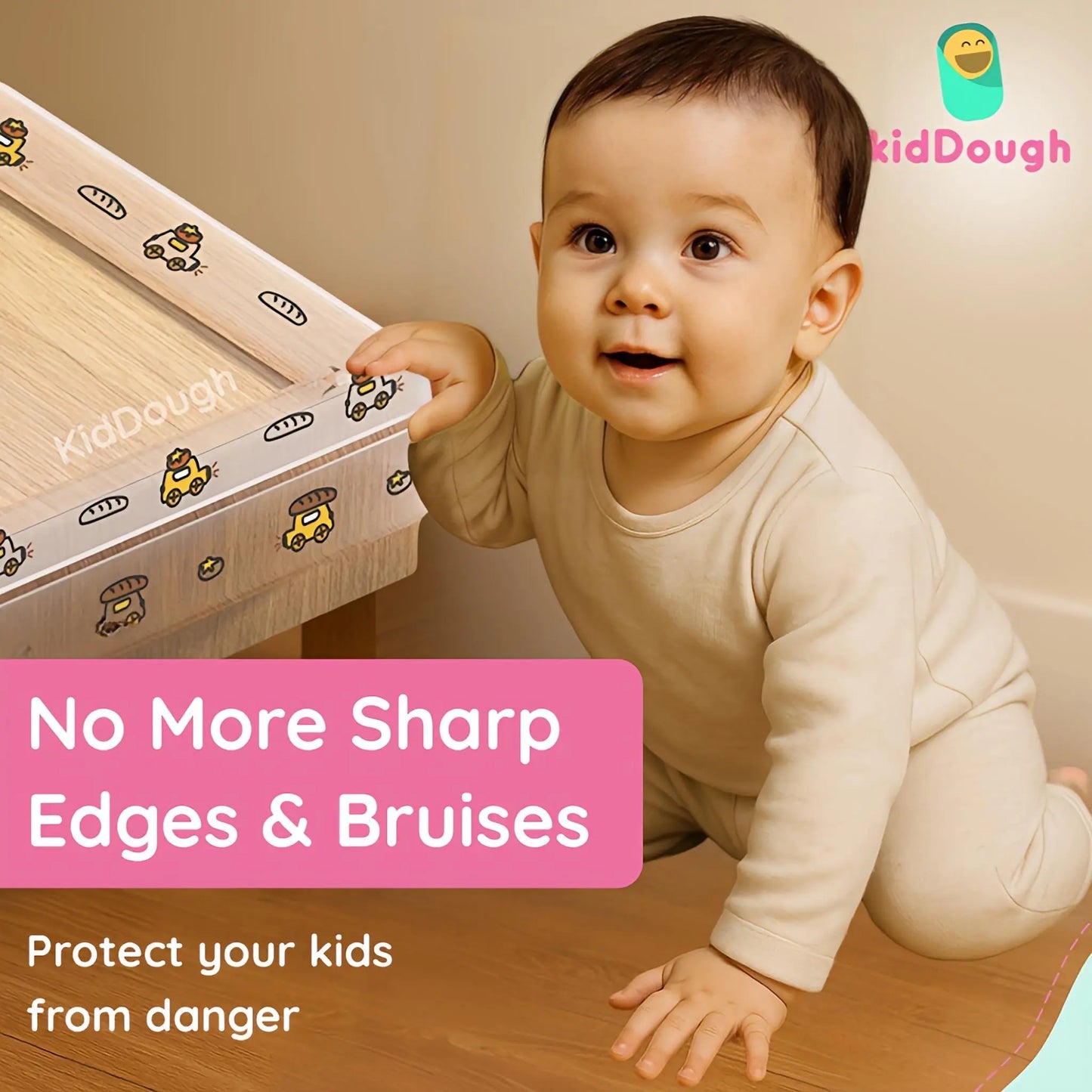 KidDough Baby Proofing Edge Protector, Transparent with Car Print, 2 Metres