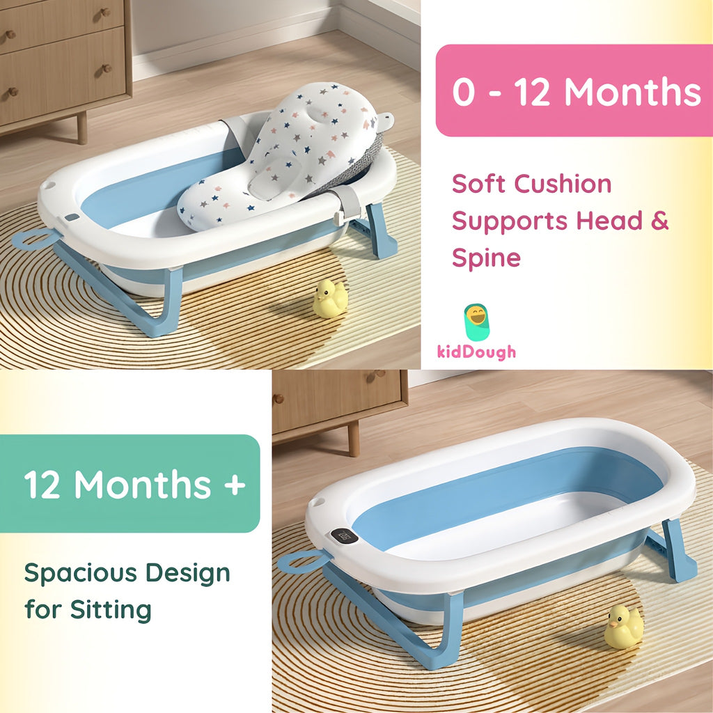 Kiddough Baby Bathtub, Foldable, Non Slip, Durable, Easy to Store and Use with Cushion (Blue (without Cushion))