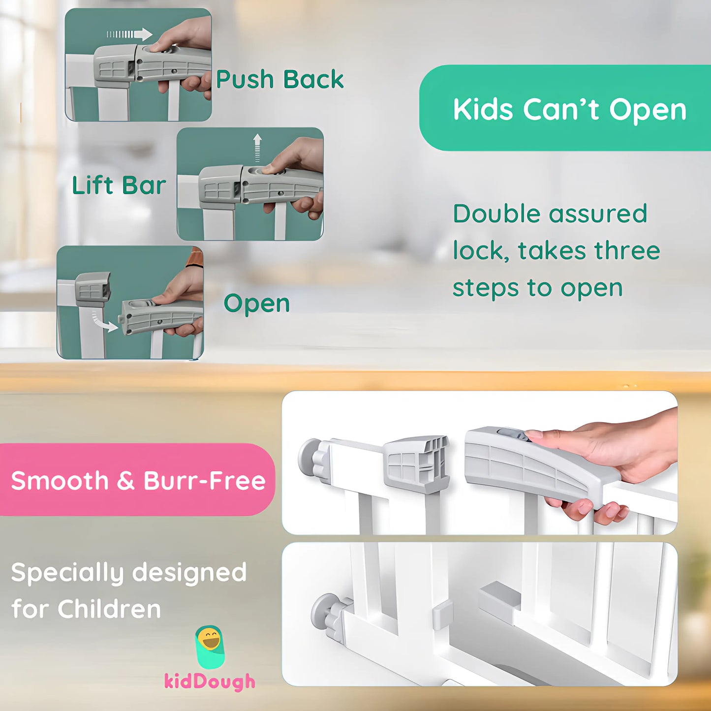 Kiddough Baby Safety Gate - (117-124cms Adjustable Width Coverage)