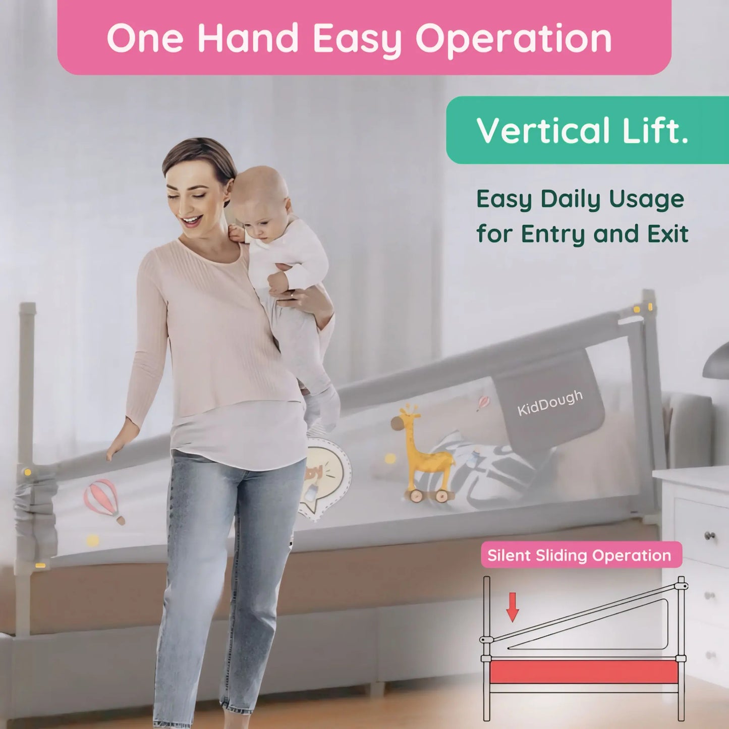 Kiddough Bed Railing for Baby Safety (6ft*5ft*6ft, Three Side, Grey)