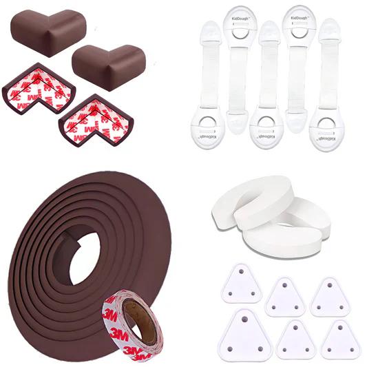 Kiddough Baby Safety Kit - 5 Meters Safety Strip + 4 Corner Guards + 2 C-Shape Door Stoppers + 6 Socket Guards + 5 Child Safety Locks for Drawers, Cabinets