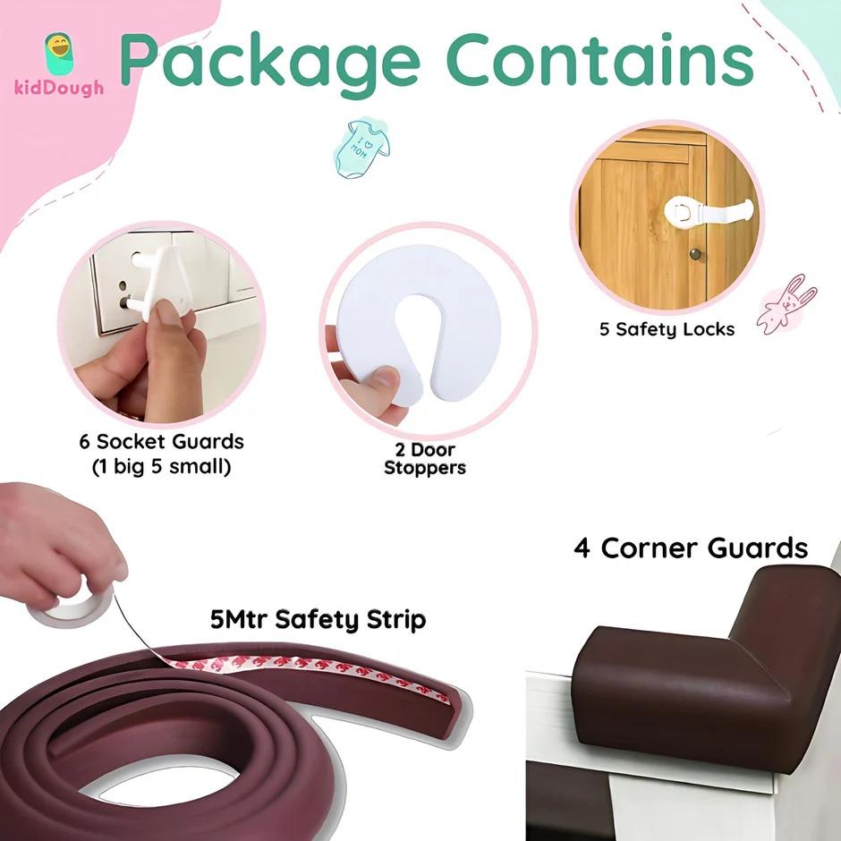 Kiddough Baby Safety Kit - 5 Meters Safety Strip + 4 Corner Guards + 2 C-Shape Door Stoppers + 6 Socket Guards + 5 Child Safety Locks for Drawers, Cabinets